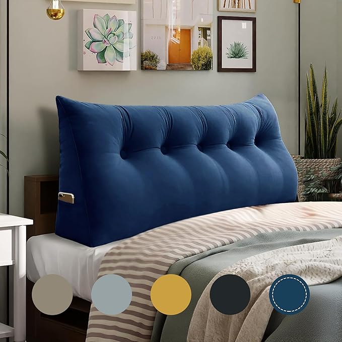 WOWMAX 100% Cotton Velvet Headboard Pillow – Queen Size Wedge Back Support Reading Bolster for Bed & Daybed, Handmade Firm Support Cushion with Removable Cover, Soft Luxury Bed Rest Pillow, Deep Blue