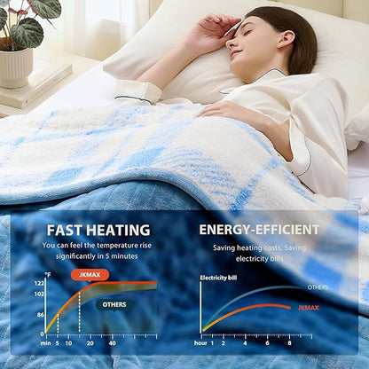 Heated Electric Blanket Throw Size - 50"x60" Flannel Heating Blanket with 10 Heating Levels & 5 Time Settings Over-Heat Protection, Winter Warmer for Adults with ETL Certification（Light Blue）