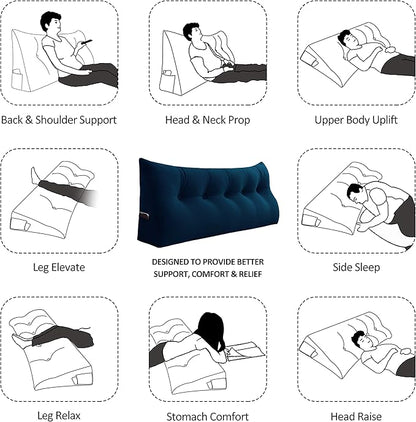 Large Rest Reading Wedge Pillows Triangular Bed Support Bolster Upholstered Headboard Backrest Positioning Lumbar Cushion with Removable Cover, Full: 54x8x20 Inches