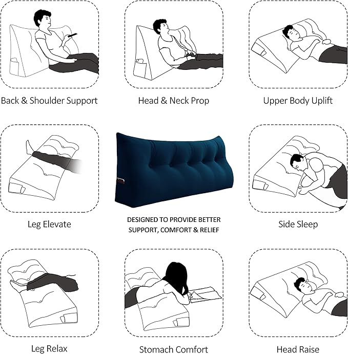 Johnear Wedge Headboard Large Bolster Pillow Reading Pillows for Sitting in Bed Adult， Velvet Triangular Cushion Backrest Lumbar Back Support Upholstered Daybed Sit Up Book Pillows（Darkblue, Queen）