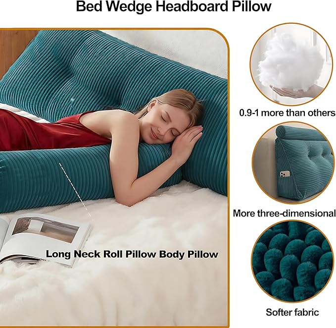 Headboard Pillow King, Triangular Wedge Cushion with Neck Roll Pillow, Back Support Bodypillow with Removable Washable Cover for Bed Sofa