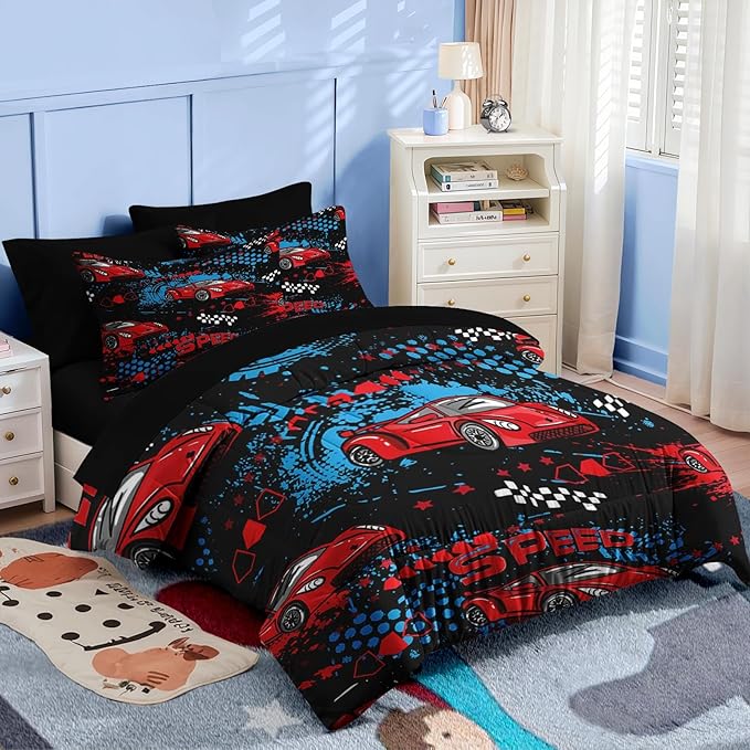 Nesker 5 Pcs Comforter Set Twin Size, Red Black Sports Car Bedding for Kids Teen, Auto Race Bed Sheet with Pillowcase & Sham