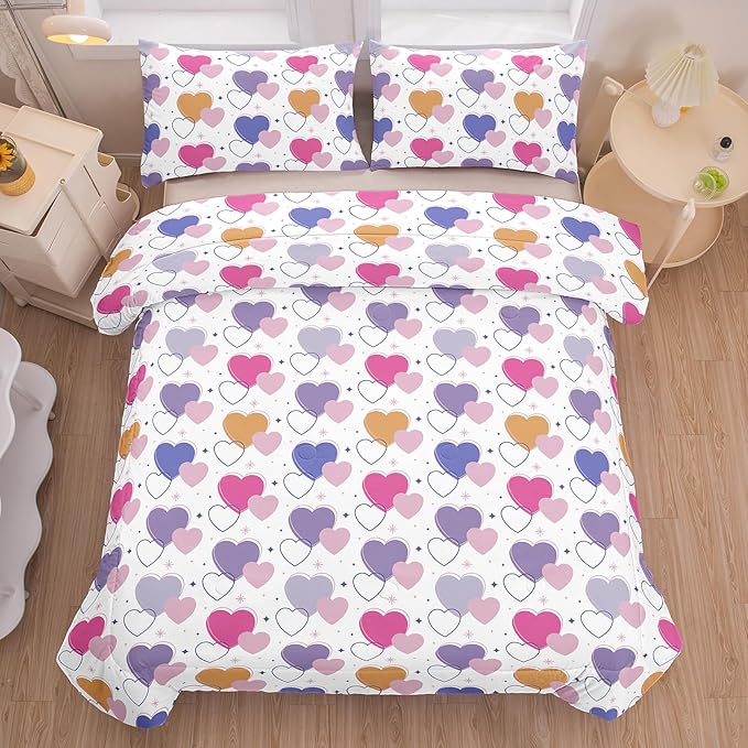 Peopleareok Pink Heart Comforter Sets Full (79x90 Inch), 3 Piece Cute Pink Purple Heart Print Comforter with 2 Pillowcases, Ultral Soft Microfiber Kids Bed Set for Girls Bedroom Decor All Season