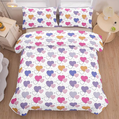 Peopleareok Pink Heart Comforter Sets Full (79x90 Inch), 3 Piece Cute Pink Purple Heart Print Comforter with 2 Pillowcases, Ultral Soft Microfiber Kids Bed Set for Girls Bedroom Decor All Season