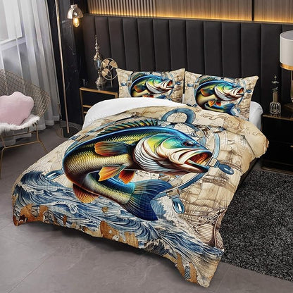 Bass Big Fish Comforter Set for Kids Boys Queen Size, Nautical Hunting and Fishing Pattern Bedding Sets, 3Pcs Vintage Wooden Comforter Soft Decor Underwater Animals Theme Quilt Set