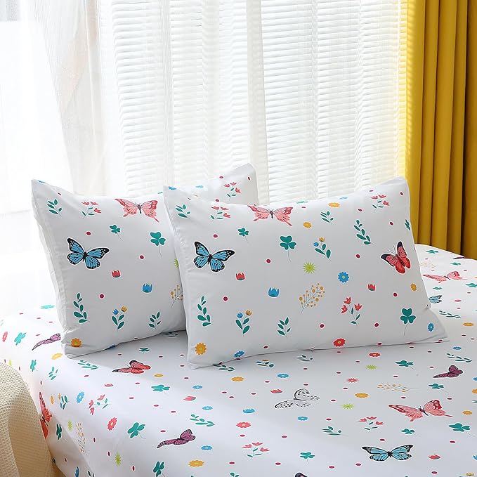 Wajade Queen Size Butterfly Comforter Set for Girls Kids Bedding Sets for Girls 7 Pieces Bed in a Bag Colorful Butterflies Flower Leaves Bedding Set All Season Lightweight