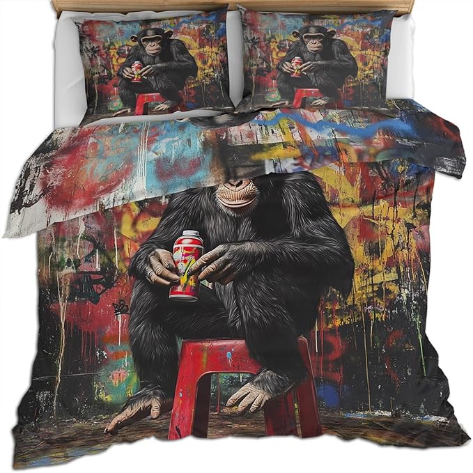 Gorilla Duvet Cover King Size, Street Graffiti Gorilla Bedding Set 3 Piece Bedroom Decor Fun Colorful Patterned Comforter Cover with Zipper Ties & 2 Pillowcases