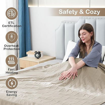 Electric Heated Blanket Full 72"x84", 4 Heating Levels & 10H Auto Shut Off, Soft Single-Side, Even Heat, Easy Care, Fleece Overheating Protection, Machine Washable, Light Brown