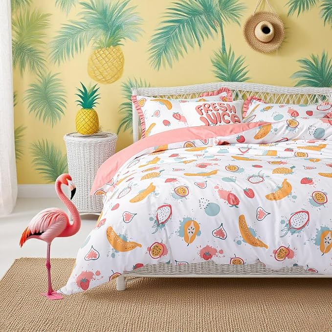 Simple&Opulence 100% Organic Cotton Duvet Cover for Kids Teens, 3 Piece Soft Cartoon Comforter Cover with Zipper Closure, Kawaii Girls Bedding Set with Colorful Fruits Pattern, Twin