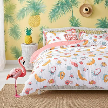 Simple&Opulence 100% Organic Cotton Duvet Cover for Kids Teens, 3 Piece Soft Cartoon Comforter Cover with Zipper Closure, Kawaii Girls Bedding Set with Colorful Fruits Pattern, Twin