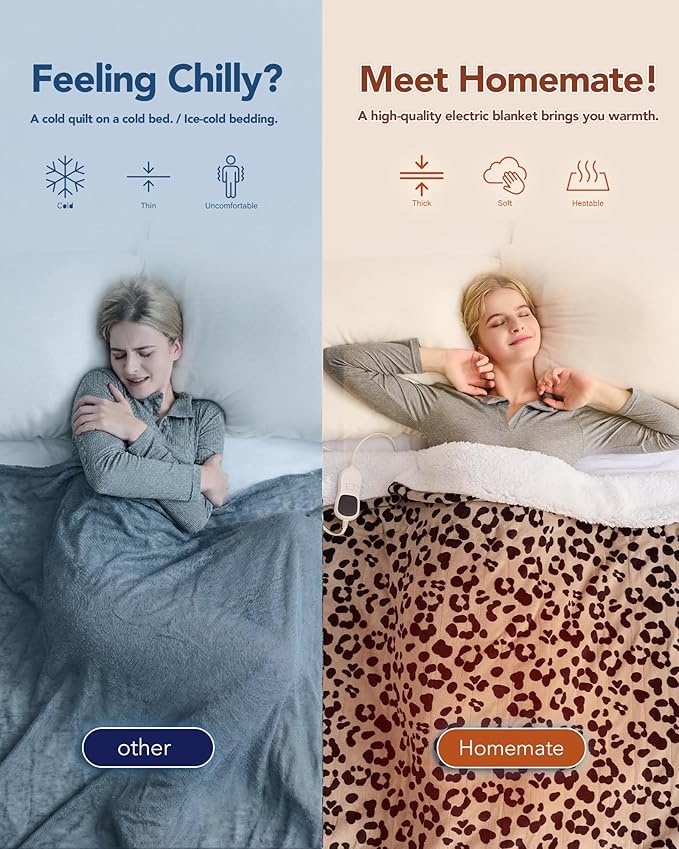 Homemate Electric Heated Blanket Queen Size - 84"x90" Heating Blanket Queen Size Dual Control 1/2/4/6/8 Hours Auto-Off 10 Heat Level Over-Heat Protection Flannel Sherpa ETL Certification
