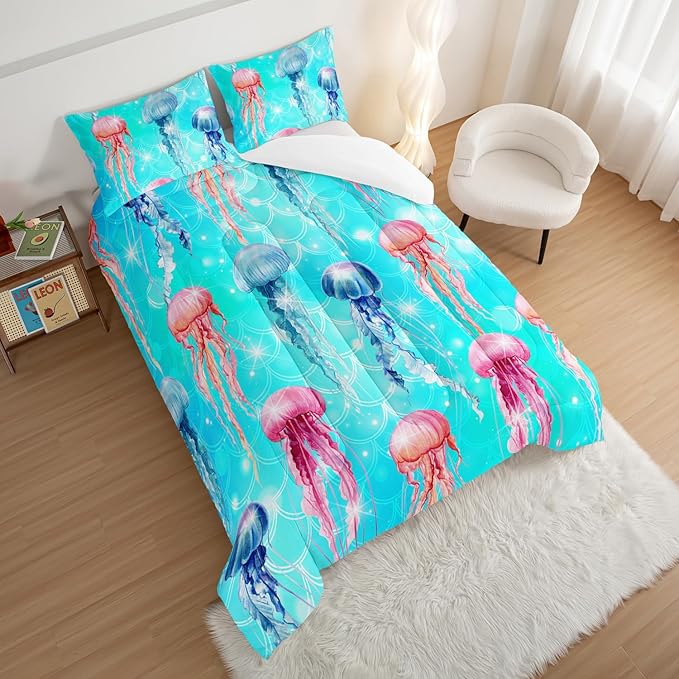 HOSIMA Colorful Jellyfish Comforter Set King Size,Ocean Animal Theme Bedding Sets for Kids Boys Girls,Blue Fish Scales Glitter Marine Decor Comforter Bedding Collection with 2 Pillowcases.