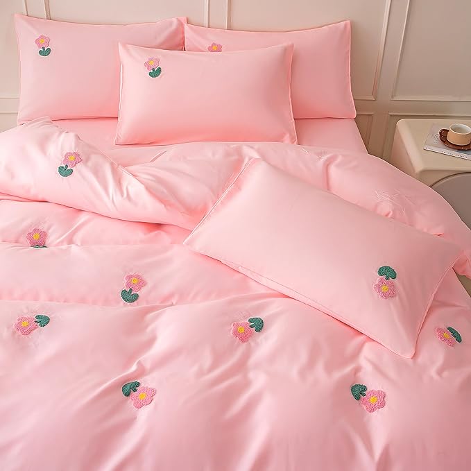 MWMWMW 5 Pieces Twin Comforter Set for Girls, Tufted Chenille Floral Bedding Set, Pink Floral Bedding Set Twin with 1 Comforter, 1 Flat Sheet, 1 Fitted Sheet and 2 Pillowcases