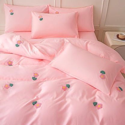 MWMWMW 5 Pieces Twin Comforter Set for Girls, Tufted Chenille Floral Bedding Set, Pink Floral Bedding Set Twin with 1 Comforter, 1 Flat Sheet, 1 Fitted Sheet and 2 Pillowcases