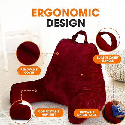 Cheer Collection Reading Pillow with Arms – Portable Bed Pillow for Sitting Up & Support, Foam-Filled Back Rest Pillow for Sitting in Bed & Couch, Machine Washable, Maroon