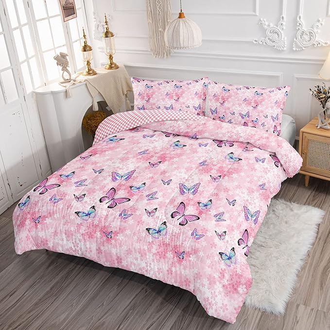Datura home Kids Comforter Set Girls Pink Flower Butterfly Printed Pattern Quilt Bedding Set with 1 Comforter and 2 Pillowcases for Girls Bedroom All Season(Pink Flower Butterfly Twin 68x86inch)