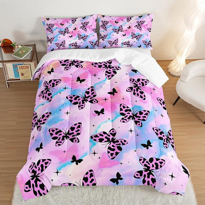 Beautiful Butterfly Comforter Set Queen Size,Spotted Butterfly Printed Bedding Set for Kids Girls Women Room Decor,Rainbow Aesthetic Toddler Bedding Sets for Girls with 2 Pillowcases.