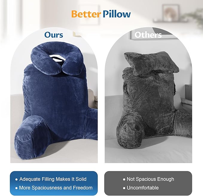 Rengue 31" Large Ergonomic Bed Rest Pillow, Reading Pillow with Arms Detachable Neck Roll Reading Pillow with Pockets for Sitting in Bed Couch (Blue)