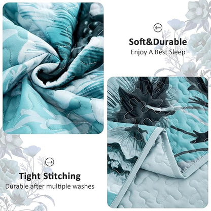Blue Floral Quilt Set Queen 3 Pieces Boho Flower Quilt Coverlet Set Soft Microfiber Lightweight Floral Quilted Bedspread with 2 Pillow Shams for All Season 90"x96"