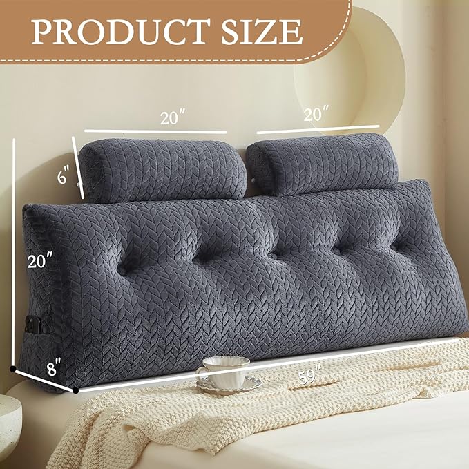 YOUR MOON Wedge Headboard Pillow Queen with 2 Pack Neck Roll Pillows, Triangular Wedge Backrest Pillow Headboard for Bed,Daybed,and Lounging, Large Bed Bolster Pillows,Dark Gray