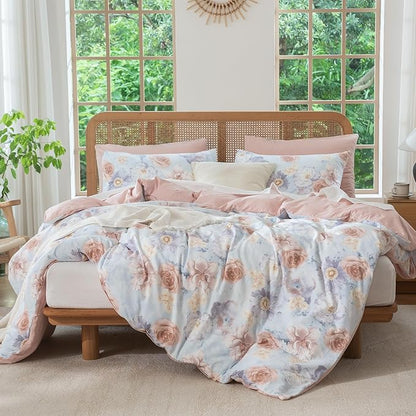 Jane yre King Flower Duvet Cover Soft Brushed Microfiber Crinkle Gauze 3 Pieces Bedding Set, Garden Style Peony Pattern King Duvet Cover Floral, with Zipper Closure Luxury Soft Breathable Comfy