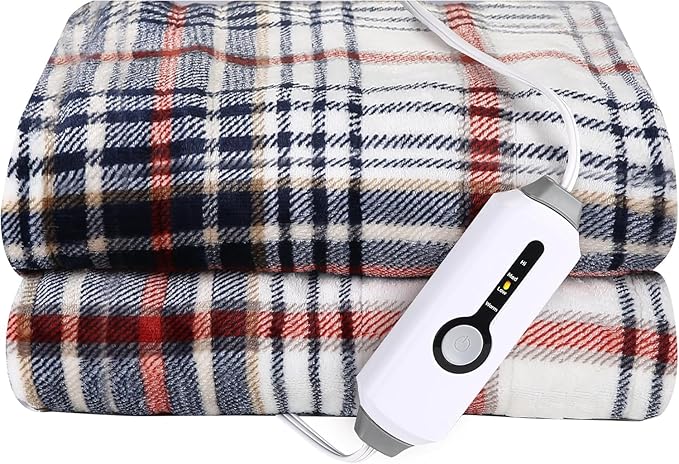 Electric Heated Blanket Throw Size - 50"x60", Soft Flannel Heating Blanket, 4 Heating Levels, 3 H Auto Shut Off, Breathable Warm and Washable for Sofa, Blue-White-Red Plaid