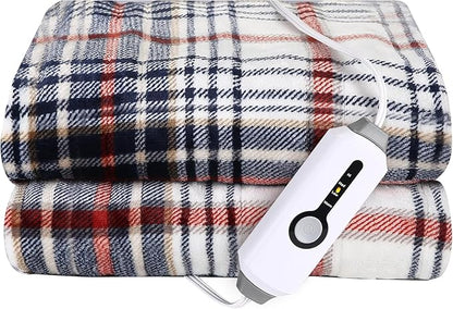 Electric Heated Blanket Throw Size - 50"x60", Soft Flannel Heating Blanket, 4 Heating Levels, 3 H Auto Shut Off, Breathable Warm and Washable for Sofa, Blue-White-Red Plaid