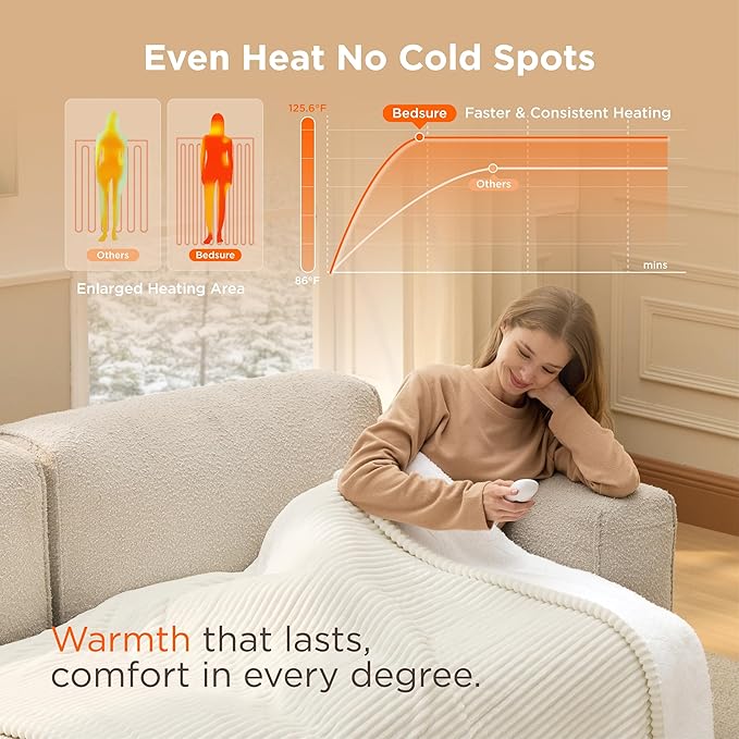 Bedsure GentleSoft Heated Blanket Electric Throw - Soft Ribbed Flannel Electric Blanket, Heating with 4 Time Settings, 6 Heat Settings, and 3 hrs Timer Auto Shut Off (50x60 inches, Coconut White)