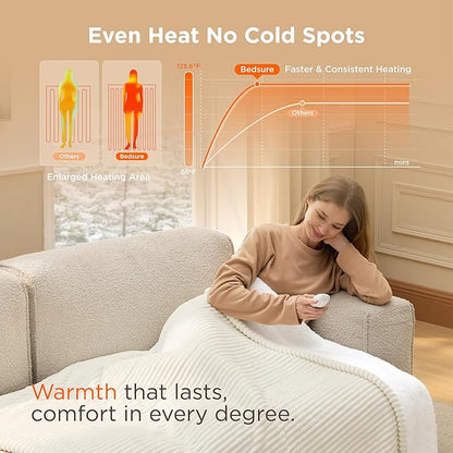 Bedsure GentleSoft Heated Blanket Electric Throw - Soft Ribbed Flannel Electric Blanket, Heating with 4 Time Settings, 6 Heat Settings, and 3 hrs Timer Auto Shut Off (50x60 inches, Coconut White)