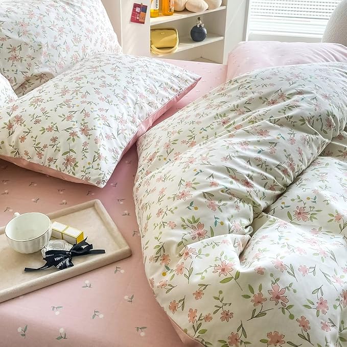 BuLuTu Pink Floral Duvet Cover Twin 100% Cotton Duvet Covers Set for Women Teen Girls Apricot Blossom Pink Flowers Reversible Twin Comforter Cover Garden Style Bedding Set,Zipper,Easy Care