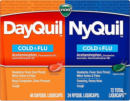 Vicks DayQuil & NyQuil Co-Pack, Cold & Flu Medicine, Powerful Multi-Symptom Daytime & Nighttime Relief for Headache, Fever, Sore Throat, Minor Aches & Pains, & Cough, 72ct