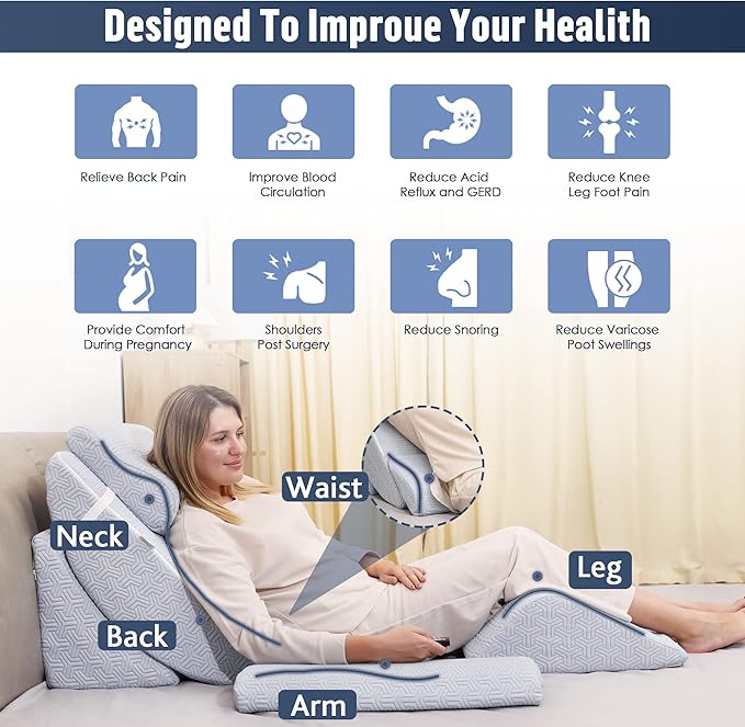 Betterhood 5pcs Orthopedic Bed Wedge Pillow Set, Adjustable Memory Foam, Post Surgery Foam for Back Neck & Leg Pain Relief Support, Acid Reflux, Snoring Reading, Sleeping, Sitting up, Blue