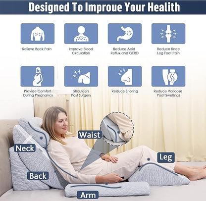 Betterhood 5pcs Orthopedic Bed Wedge Pillow Set, Adjustable Memory Foam, Post Surgery Foam for Back Neck & Leg Pain Relief Support, Acid Reflux, Snoring Reading, Sleeping, Sitting up, Blue