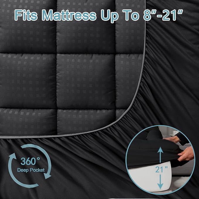 HYLEORY California King Mattress Pad Quilted Fitted Mattress Protector Cooling Pillow Top Mattress Cover Breathable Fluffy Soft Mattress Topper with 8-21" Deep Pocket, Black