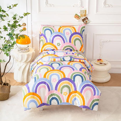SDIII 4 Piece Rainbow Toddler Bedding Set, Soft Microfiber Toddler Bed Princess Bedding Set with Comforter, Fitted Sheet, Flat Sheet and Pillowcase