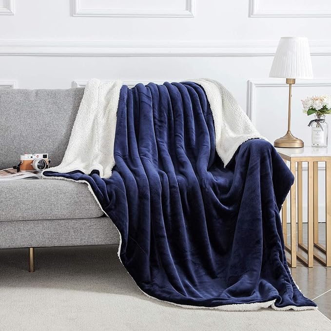 IR Imperial Rooms Navy Sherpa Blankets Queen Size for Bed - Wholesale Bulk Pack of 9 Sherpa Blankets - Soft Fluffy Throw Blanket for Hotels, Guest Bedroom, 90x90 Inches