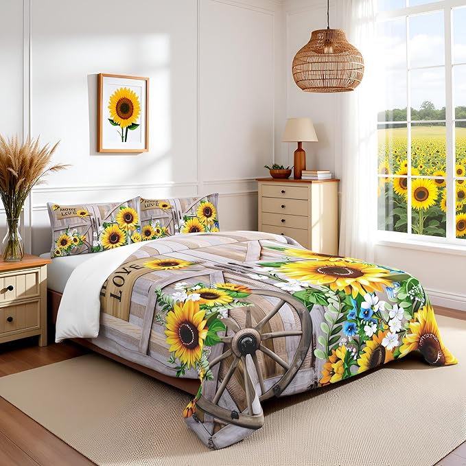 Sunflower Comforter Set Full Size Rustic Farmhouse Bedding Set Spring Flowers Quilt Set 3pcs for Kids Girls Women Boys Room Decor Home Themed Barn Door Duvet Insert with 2 Pillowcases