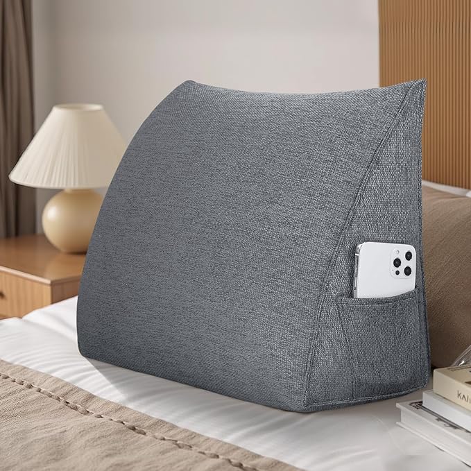 Wedge Headboard Reading Pillow for Bed Linen Triangular Backrest Bolster Pillow for Sitting Up Daybed Cushion Lumbar Body Support Positioning for Headboard, Couch, Dorm, Darkgrey