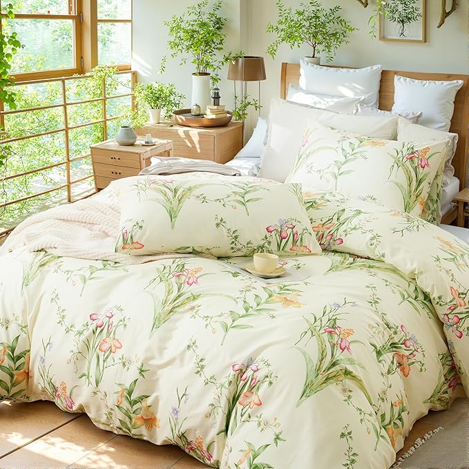 Duvet Cover King Size 100% Cotton Reversible Green Leaves Duvet Cover Set with Zipper Closure, 3 Pieces Vintage Flower Floral Bedding Comforter Cover, Ultra Soft & Breathable