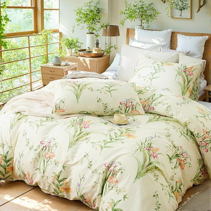Duvet Cover King Size 100% Cotton Reversible Green Leaves Duvet Cover Set with Zipper Closure, 3 Pieces Vintage Flower Floral Bedding Comforter Cover, Ultra Soft & Breathable