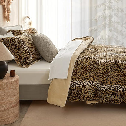 Petrichor Leopard Velvet Flannel King Comforter Set-Cheetah Print Western Blanket,Luxury Fuzzy Heavy Bedding Set,3 Pieces Plush Winter Bed Set with Comforter (90"x104")&2 Pillow Shams (20"x36"