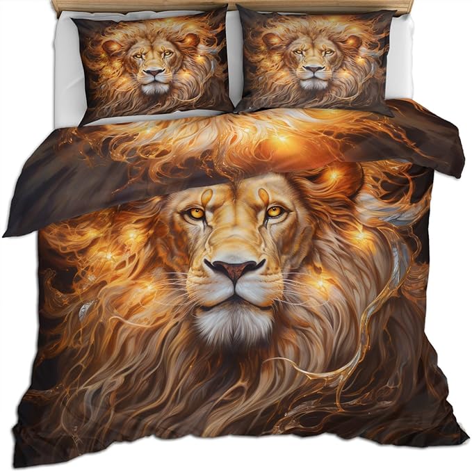 Lion Duvet Cover Oversized King Trippy Golden Lion Bedding Set Bedroom Decor Modern Wild Animal Comforter Cover and 2 Pillow Sham with Zipper Closure