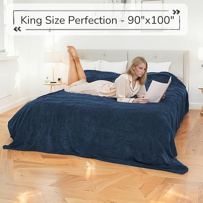 Electric Heated Blanket King Size 90"x100" - Dual-Sided with Microplush & Sherpa Fabric, 4 Heat Settings & 10 Hours Auto Off, Dual Controller, Machine Washable - Dark Blue