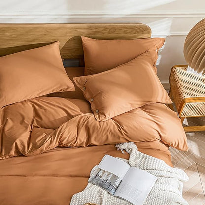 JELLYMONI Cotton Duvet Cover Full Size - Burnt Orange Comforter Cover with Button 100% Washed Cotton 3PCS Breathable Soft Solid Bedding Set Duvet Cover 80×90in & 2 Pillowcases (NO Comforter)