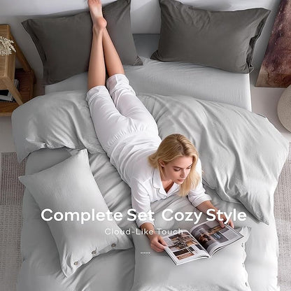 JELLYMONI 100% Washed Cotton Duvet Cover Twin – Soft, Breathable Linen-Look Bedding with Natural Wrinkle Texture, Button Closure, 3-Piece Set (Pale Grey, 68"x90")