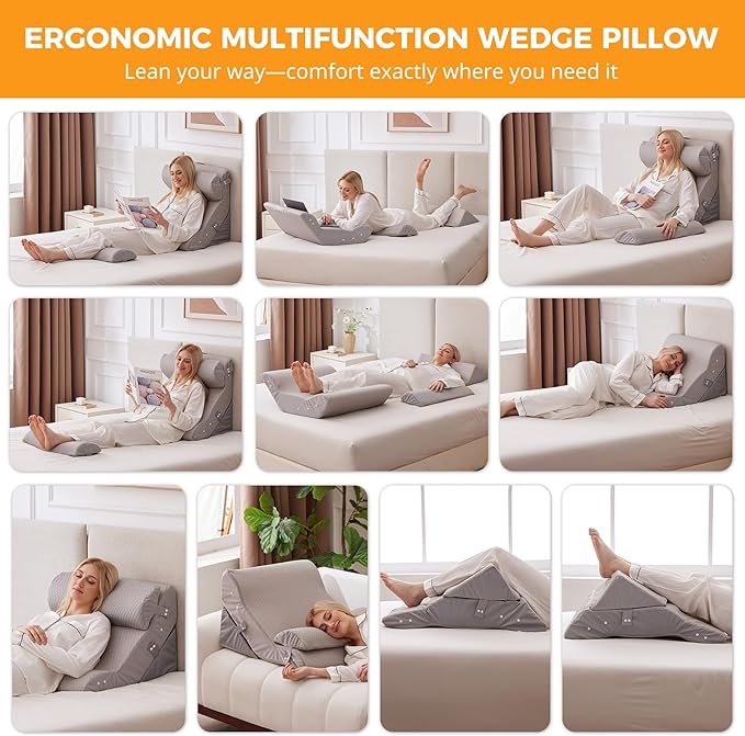 4PCS Wedge Pillow Set for After Surgery, 10-in-1 Adjustable Wedge Pillow for Acid Reflux Relief, Bed Wedge Pillows for Sleeping, Snoring & Back Pain Relief, Sit up Pillow for Bed, Grey