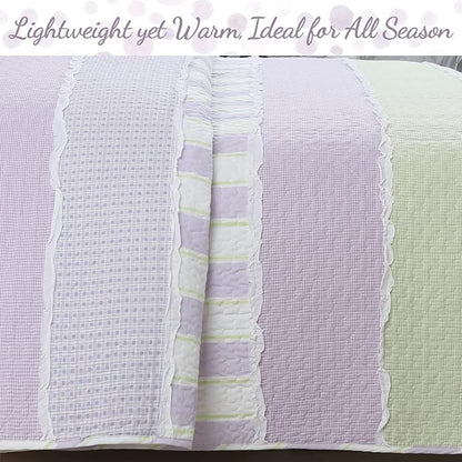 Cozy Line Home Fashions Lavender Green Stripe Dots Girl 100% Cotton Reversible Quilt Bedding Set, All-Season Coverlet Bedspread (Purple Dots, Twin - 2 Piece)