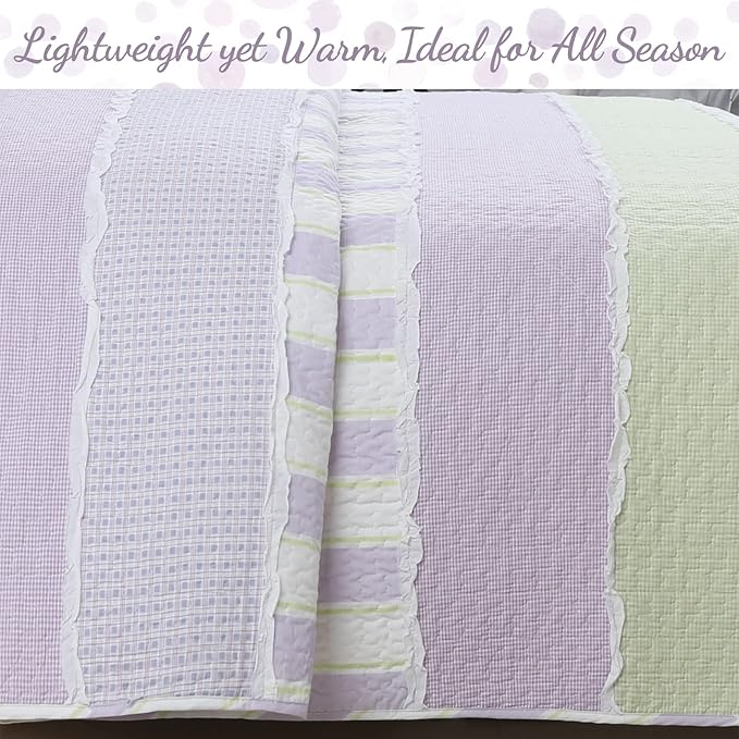 Cozy Line Home Fashions Lavender Green Stripe Dots Girl 100% Cotton Reversible Quilt Bedding Set, All-Season Coverlet Bedspread (Purple Dots, Queen - 3 Piece)