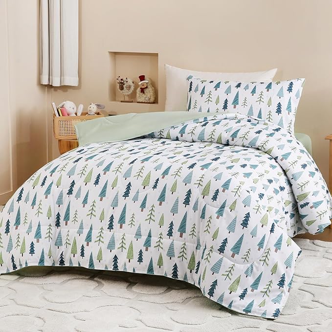 Twin Comforter Set for Kids, Boys, Girls, 4 Pieces Bed-in-a-Bag Bedding Set, All Season Ultra Soft Sheets Set with Comforter, Winter Forest