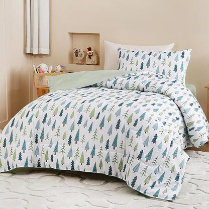 Twin Comforter Set for Kids, Boys, Girls, 4 Pieces Bed-in-a-Bag Bedding Set, All Season Ultra Soft Sheets Set with Comforter, Winter Forest